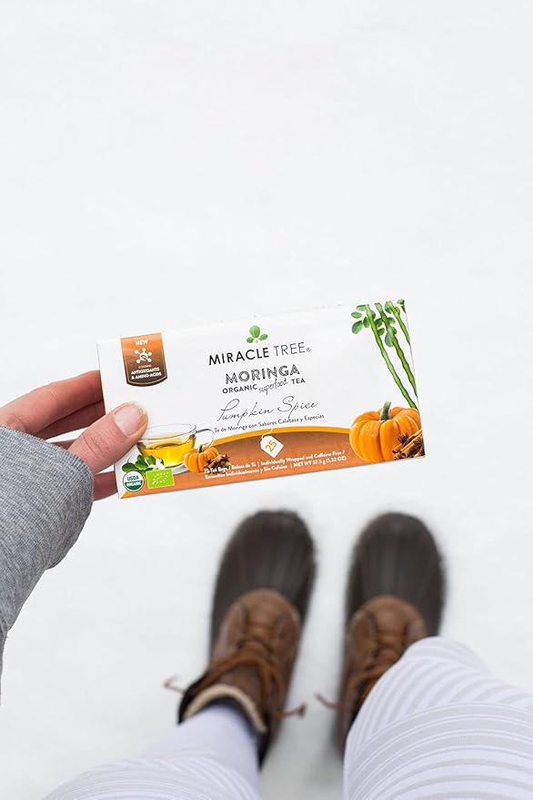 Miracle Tree - Organic Moringa Superfood Tea, 25 Individually Sealed Tea Bags, Pumpkin Spice (Keto/Paleo, Immune Support, Energy & Immunity Booster, Vegan, Gluten-Free, Certified Organic, Non-GMO, Antioxidant, Caffeine-Free)