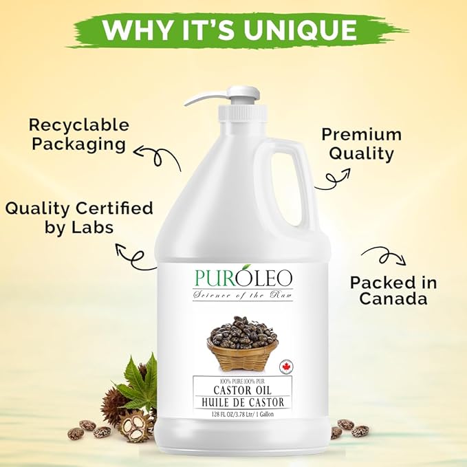 PUROLEO Castor Oil 128 Fl Oz/3784 ML (Made in Canada) Hair, Lash, Beard, Eyelashes & Eyebrow Oil Jamaican Black castor oil for thicker brow longer lashes, Make eyelash serum, hair serum for dry hair
