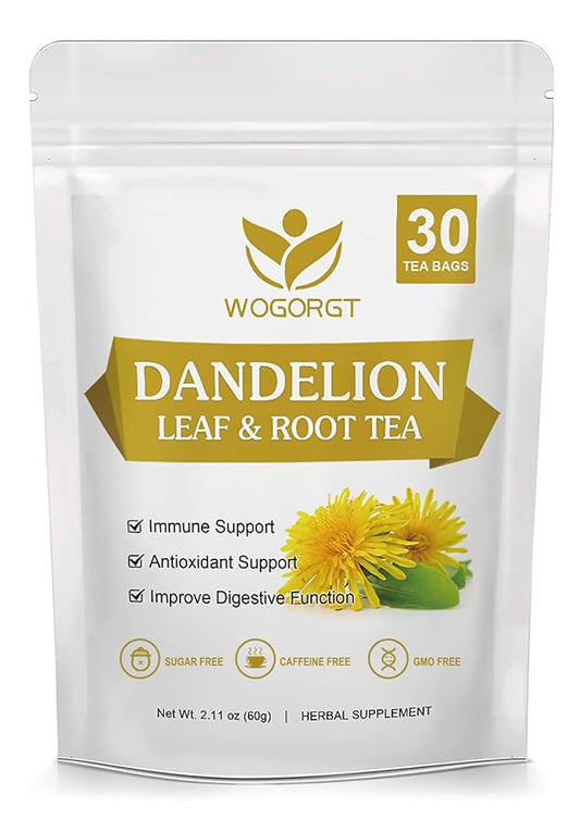 Organic Dandelion Leaf & Root Tea - Natural Dried Dandelion Herbal Tea for Liver Support, Antioxidant, Digestion and Immune Support, Caffeine Free - 30 Tea Bags