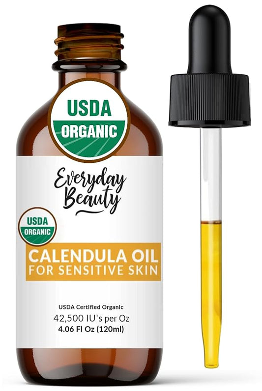 Organic Calendula Oil For Sensitive Skin - USDA Certified 100% Plant Based, Lightweight & Unscented Gentle Soothing Oil For Sensitive Skin - For Face, All Over - Large 4.06 Fl Oz Glass & Dropper
