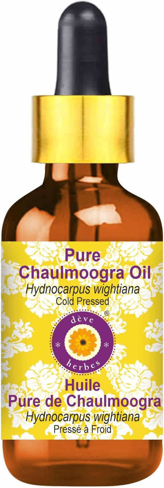 Deve Herbes Pure Chaulmoogra Oil (Hydnocarpus wightiana) with Glass Dropper Natural Therapeutic Grade Cold Pressed 5ml (0.16 oz)