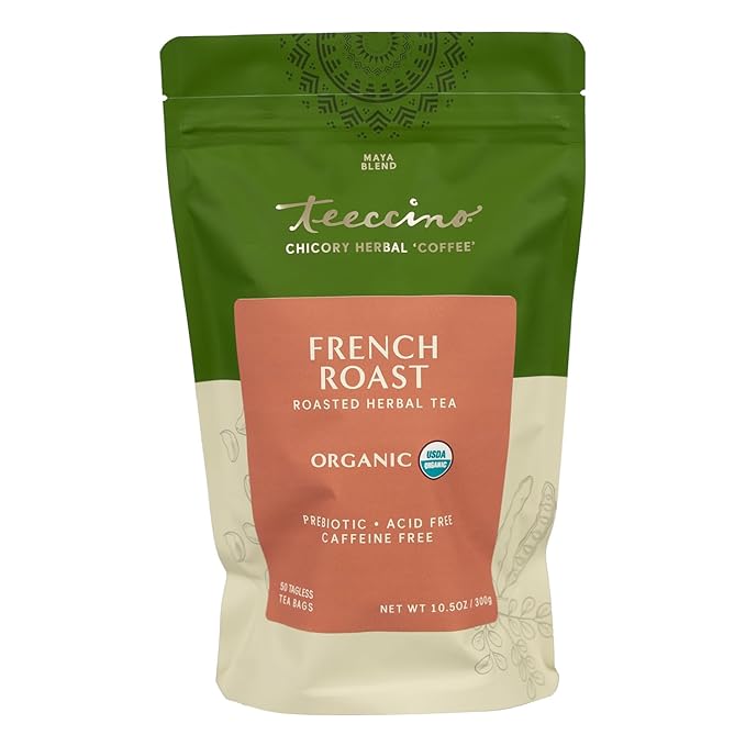 Teeccino French Roast Herbal Tea - Rich & Roasted Herbal Tea That’s Caffeine Free & Prebiotic for Natural Energy, Coffee Alternative, 50 Tagless Eco-Friendly Tea Bags