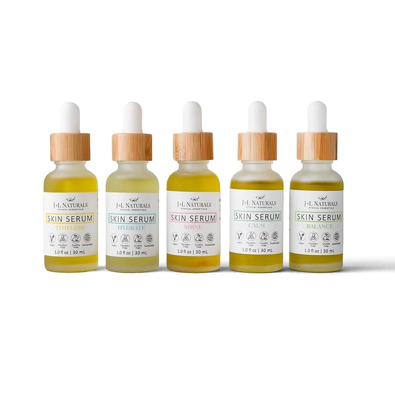 J&L Naturals | Face & Body Oil for Oily, Sensitive, Dry, Combination, Mature, & Dull Skin Types | With Jojoba Oil, Grapeseed Oil, Sunflower Oil, & More (1 Fl Oz (Pack of 5), Variety)