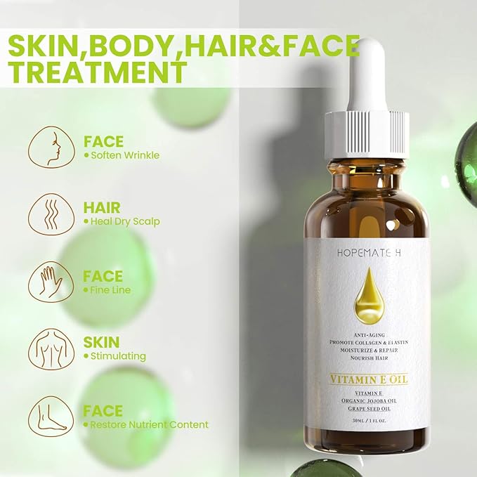 H Vitamin E Oil - Anti Aging, Reduce Wrinkles and Fine Lines for Moisturized & Youthful Skin - Pure & Natural Vitamin E Serum for Face, Hair, Nails (1 oz)