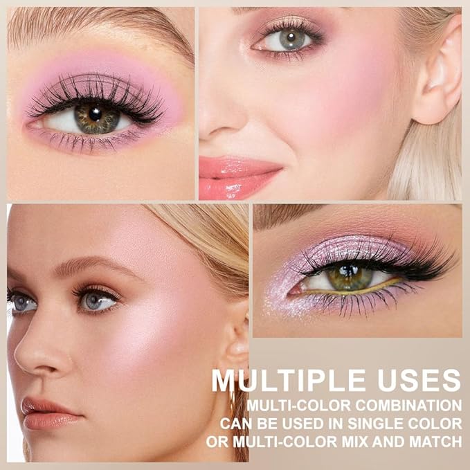 6-in-1 Cream & Powder Makeup Palette for Old Women – Blush, Highlighter & Eyeshadow, Matte & Shimmer Finish, Rose Nude Tones, Travel-Friendly Compact 03