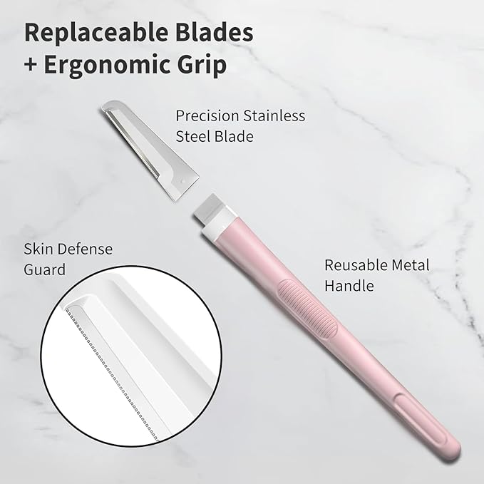 Face Razors for Women, Dermaplane Razor for Women Face, Eyebrow Razor, Facial Razors, Dermaplaning Tool, Reusable Metal Handle with 4 Microblades for Sensitive Skin, Peach Fuzz Remover, Pink