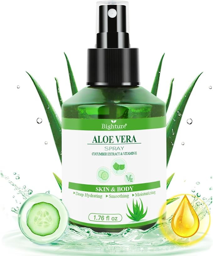Aloe Vera Spray for Whole Body Skin, Aoe Vera Spray Extract from Freshly Cut Aloe and Infused wirh Cucumber Essence，Fast Absorbing, Easy to Use, Travel Set, 1.73 oz