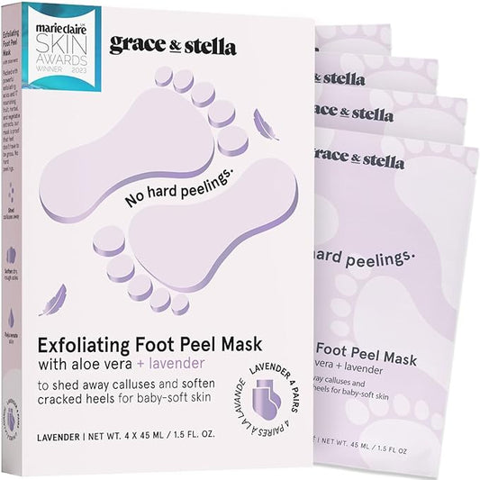 grace & stella Award-Winning Foot Peel Mask - Foot Peeling Mask with Aloe Vera - Moisturizing Foot Mask for Dry Cracked Feet - Foot Exfoliator for Baby Soft Feet (4 Pairs, Lavender)
