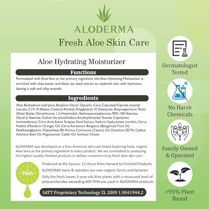 Aloderma 71% Organic Aloe Vera Hydrating Face Moisturizer for Soft and Nourished Skin - Light and Oil-Free Aloe Vera Moisturizer with Hyaluronic Acid for Soothing Hydration - Face Lotion, 3.5oz
