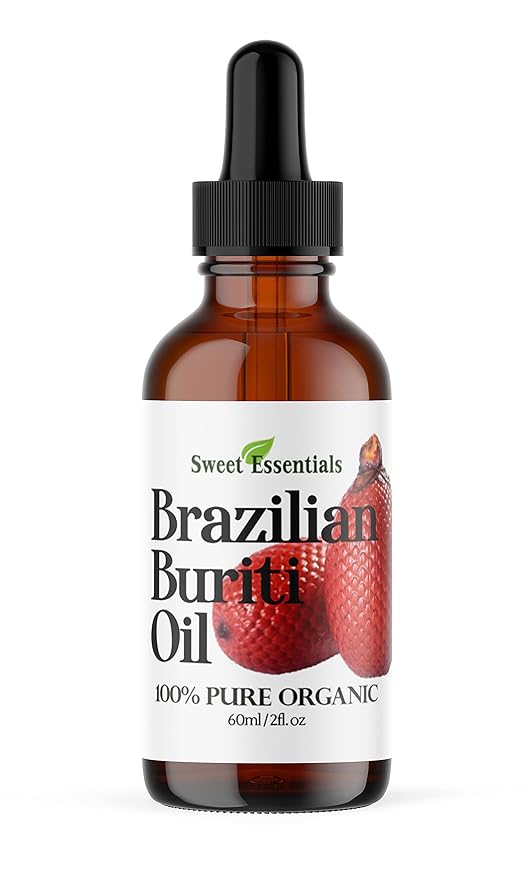 Sweet Essentials 100% Organic Buriti (Aguaje) Fruit Oil | Imported From Brazil | 2oz Glass Bottle With Glass Dropper | 100% Pure | Cold-Pressed | Natural Moisturizer for Skin, Hair and Face
