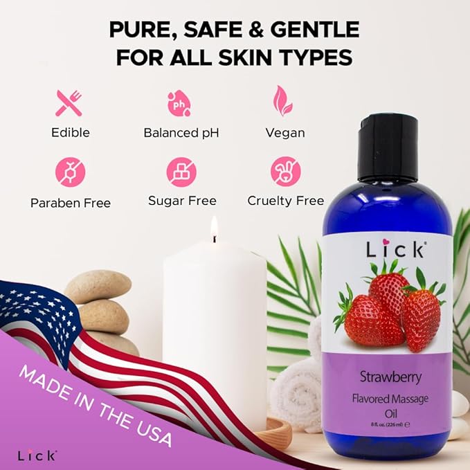 Lick Strawberry Bliss Edible Massage Oil – Natural, Sensual Body Oil for Couples, Hydrating, 8 oz