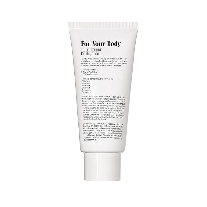 Nécessaire The Body Lotion Fragrance-Free. Firming Body Lotion for Women & Men. 48 Hour Moisture. 5 Peptides, 2.5% Niacinamide, Vitamin C/E + Omega 6/9. Non-Comedogenic. 6.8 fl oz.