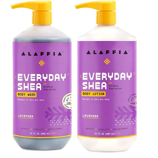 Alaffia EveryDay Shea Body Lotion and Body Wash Bundle - Normal to Very Dry Skin, Moisturizes and Cleanses Soft and Supple Skin with Shea Butter, Lemongrass, Neem and Coconut Oil, Lavender, 32 Oz Each