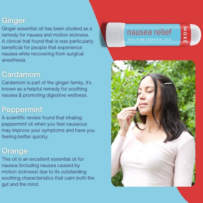 MOXE Nausea Nasal Inhaler Sticks, All Natural Essential Oil Blend, Ginger, Cardamom, Peppermint, Sweet Orange, Upset Stomach, Headaches, Easy-to-Use Portable Aromatherapy, Made in USA, 3 Pack