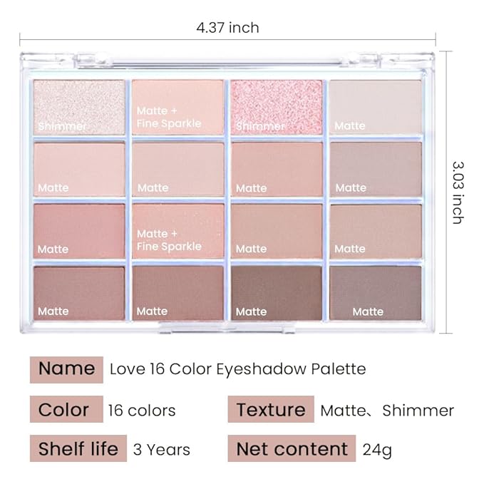 16Colors Light Purple Pink Brown Basics Matte Eyeshadow Palette,Eye Shadow Travel Makeup Palette all in one Long Lasting Waterproof Ultra-Blendable,Great for Travel Gift Kit