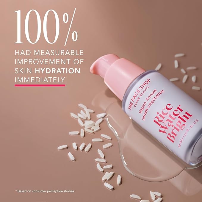 The Face Shop Rice Water Bright Vegan Serum - Targets Uneven Skin Tone & Dryness, Brightening, Nourishing, Hydrating - Rice Water, Hyaluronic Acid, Niacinamide - Korean Skin Care