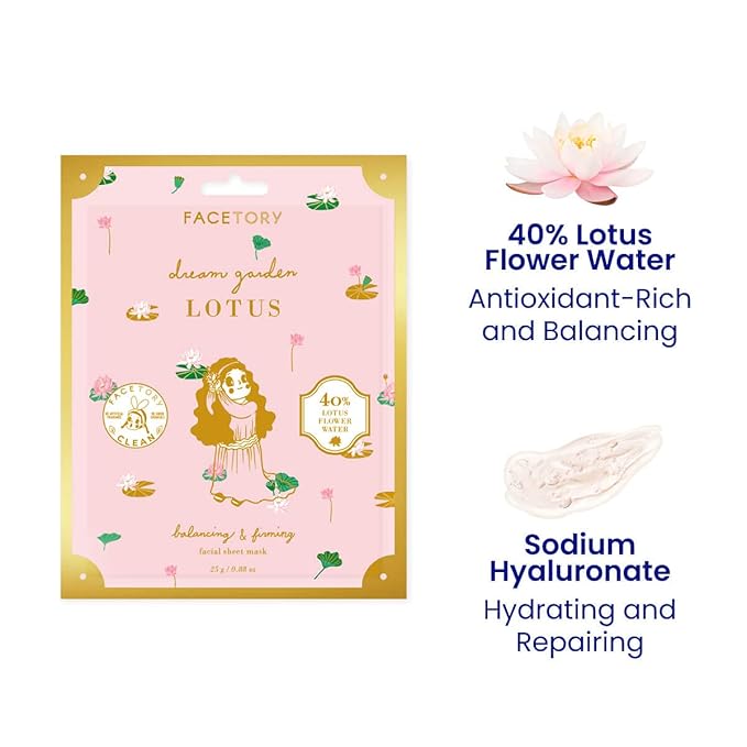 FACETORY Dream Garden Lotus Mask (Pack of 10)- Biocellulose Material, Balancing, Nourishing, Toning
