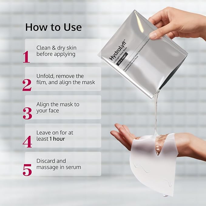 5th & Glow HydraLyft - Collagen Face Mask - Collagen Hydrogel Mask with Hyaluronic Acid & Niacinamide - Deep Hydration, Anti-Aging & Firming Collagen Mask for a Youthful, Glass Skin Glow - 4 Sheets