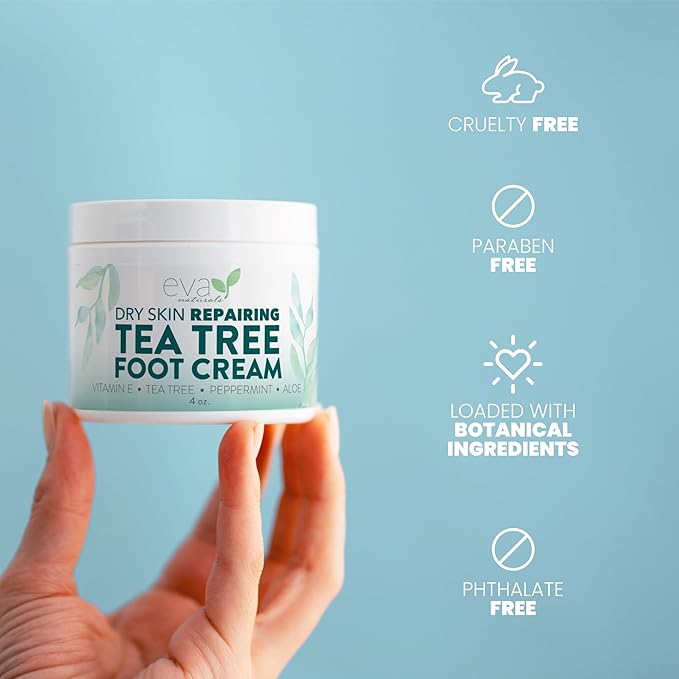 Eva Naturals Tea Tree Foot Cream - Foot Lotion with Peppermint, Menthol and Spearmint - Soothing Foot Cream Treatment for Dry Cracked Heels and Feet