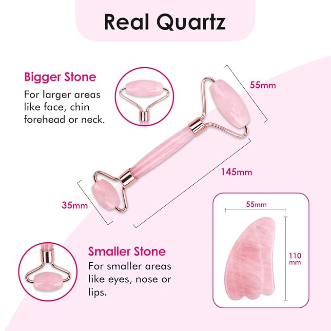 Jade Roller and Gua Sha Massage Tool - Jade Face Roller -100% Natural Rose Quartz - Face Massager, Facial Roller for Skin, Eyes, Neck - Authentic, Durable, Noiseless Design