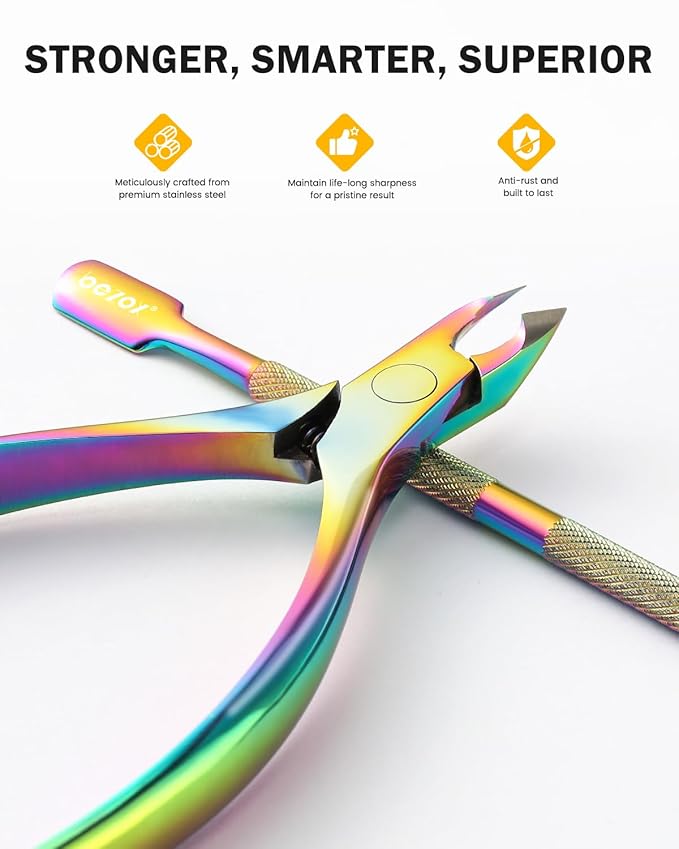 BEZOX Cuticle Trimmer with Pusher - Salon Quality Cuticle Clipper with Cuticle Pushers, Super Sharp Cuticle Cutters and Dual-End Nail Pushers Cuticle Stick, Professional Manicure Tools - Rainbow