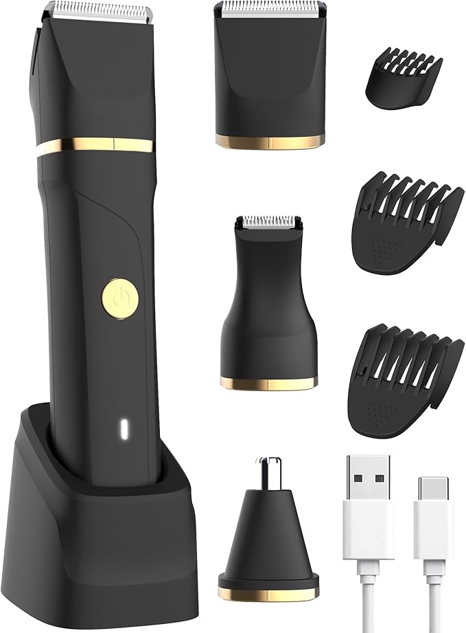 AREYZIN Body Hair Trimmer Men Painless Body Groomer & Ball Trimmer Men,3 in 1 Pubic Hair Trimmer,USB Recharge Dock,Replaceable Ceramic Blade Heads,IPX7,Mens Grooming Kits,Black