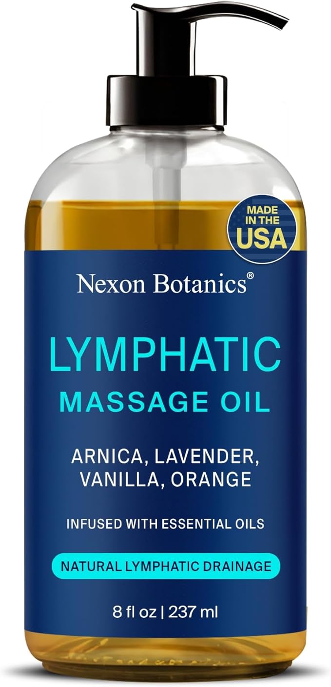 Lymphatic Drainage Massage Oil 8 fl oz - Facial Lymphatic Massage - Muscle Relief & Natural Detox - Arnica, Lavender, Vanilla & Orange - Nexon Botanics