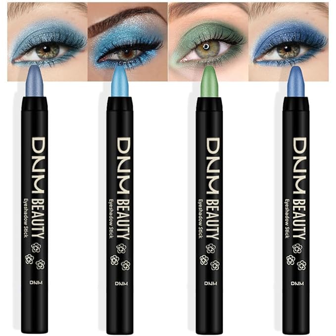 evpct 4Pcs Cream Blue Eyeshadow Stick Pencil Set for Eyes Waterproof Sky Blue Dazzling Blue Greenish Cyan Royal Blue Shimmer Metallic Holographic Eyeshadow Crayon Stick Bulk sombras en crema para ojos