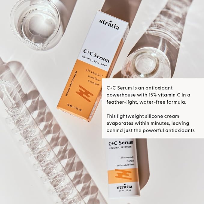 Stratia C+C Vitamin C Serum – 15% Potent Formula with 10% L-Ascorbic Acid for Bright, Even-Toned Skin - Non-Irritating, Water-Free Antioxidant Face Cream, 1 Fl Oz