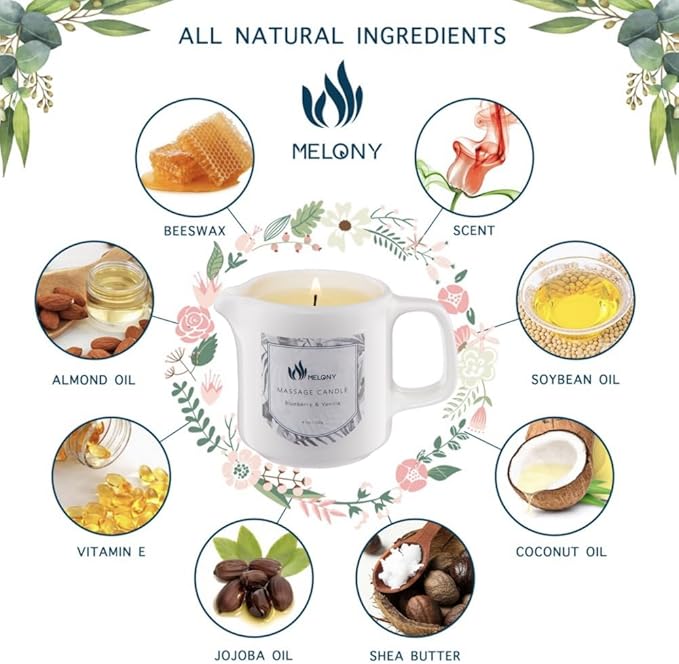 MELONY Soy Massage Oil Candle | Blue & Vanilla | Low Temp | 2.82 OZ / 80G | Perfect Intensive Skin Treatment Candle | Nourishing with Almond Oil, Shea Butter & Cocoa Butter | Massage & Moisturise