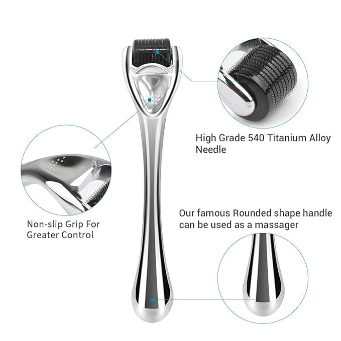 Derma Roller Microneedling Roller for Face Body Beard - 540 Titanium 0.25mm Microneedle Roller for Home Use