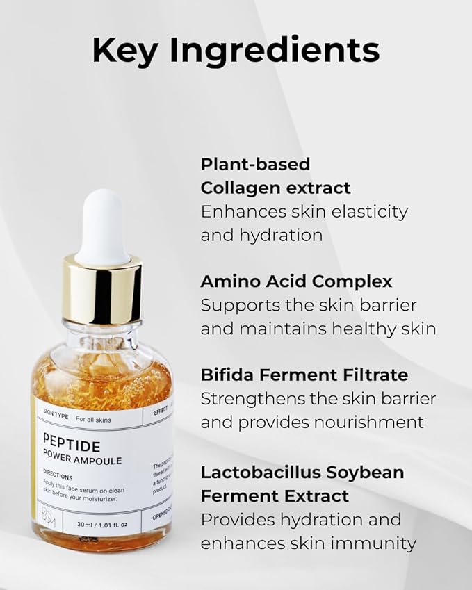 BOM COSMETICS Peptide Power Ampoule 1.01 Fl Oz, Penta-Peptide with 24k Gold Thread and 99% Pure Gold for Skin Collagen Boost, Firming Serum to Improve Elasticity and Radiance, Korean Skin Care