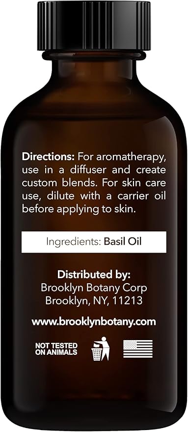 Brooklyn Botany Basil Essential Oil – 100% Pure and Natural – Premium Grade Oil with Dropper - for Aromatherapy and Diffuser - 1 Fl Oz