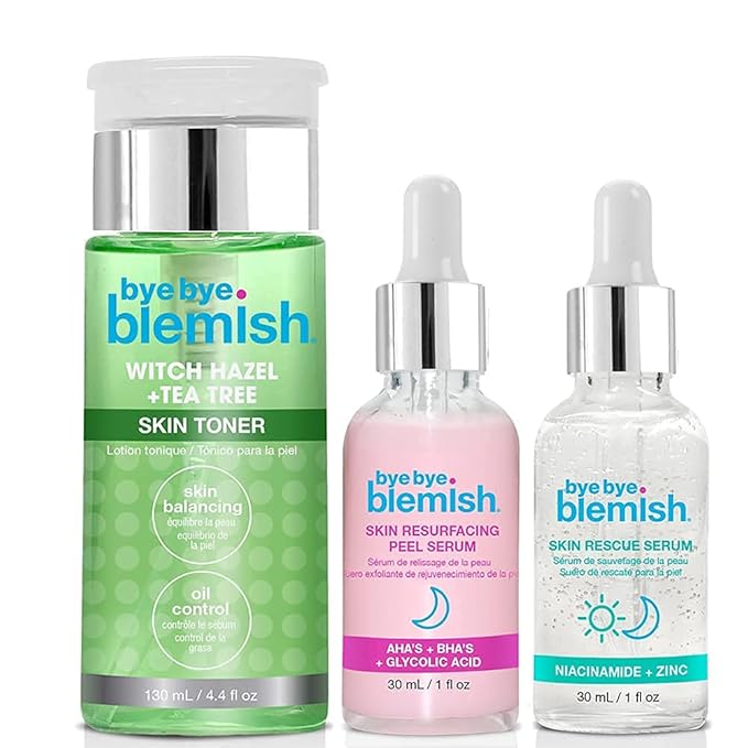 Bye Bye Blemish Skin Resurfacing Regimen Set, with Witch Hazel & Tea Tree Skin Toner, Skin Resurfacing Peel Serum, and Skin Rescue Serum with Niacinamide and Zinc, Cruelty-Free, Bundle Pack