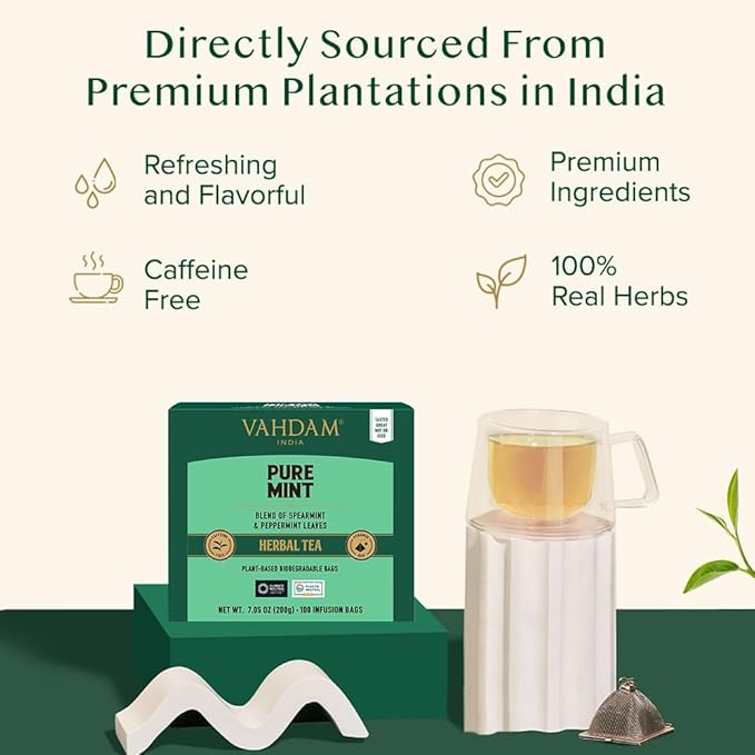 VAHDAM, Pure Mint Herbal Tea (100 Pyramid Tea Bags) Caffeine Free, Non GMO, Gluten Free | Blend of Spearmint & Peppermint - Sweet & Minty | Resealable Ziplock Pouch