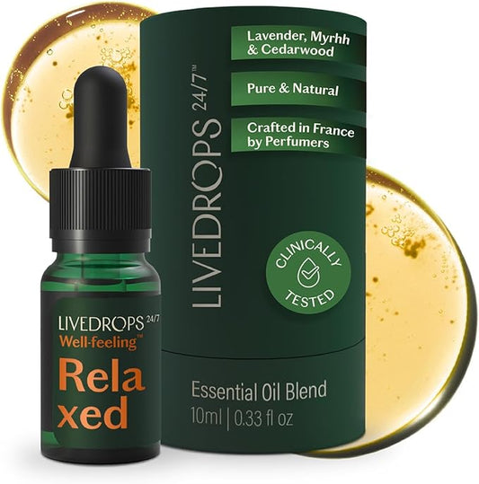 LIVEDROPS 24/7 Relaxed Essential Oil Blend - Lavender, Myrrh & Cedarwood - Calming Scent - Pure & Natural Aromatherapy - Skin Safe & Diffuser Compatible - Crafted in France by Perfumers