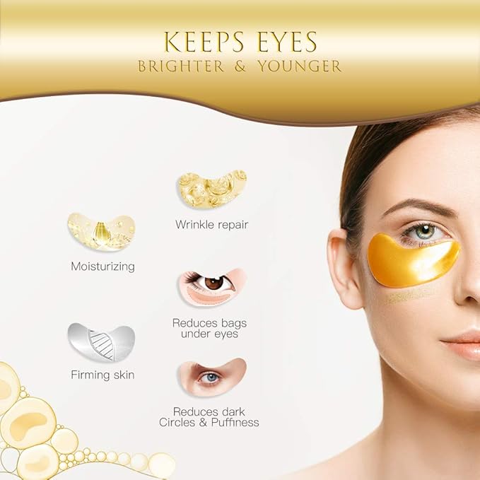Eye Patches, Under Eye Mask, 24K Gold Eye Treatment Mask, Dark Circles Gel Pads, Under Eye Bags Treatment for Puffy Eyes, Anti-Wrinkle , 14 Pairs