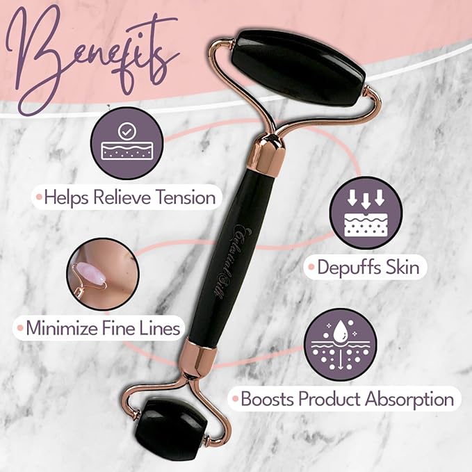 CELESTIAL SILK Black Obsidian Face Roller - Premium Anti Aging Beauty Tool for Depuffing, Genuine Volcanic Glass Gemstone Facial Roller