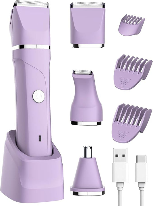 Bikini Trimmer for Women Painless Electric Razor for Women,3 in 1 Pubic Hair Trimmer,USB Recharge Dock,Replaceable Ceramic Blade Heads,IPX7,Personal Shaver Kits,Purple