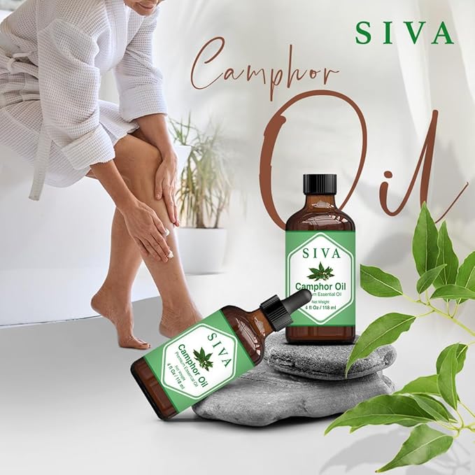 Siva Camphor Essential Oil - 4 Fl Oz – Natural Camphor Oil - for Diffuser, Face, Skin Care, Aromatherapy, Hair Care, Scalp and Body Massage - with Dropper