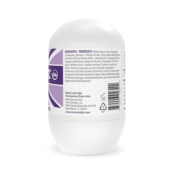 Fresh Kidz Roll On Deodorant for Kids and Teens - Baking Soda and Aluminum-free 24 Hour Protection for Sensitive Skin - Girls "Purple" 1.86 fl.oz. (2 Pack)
