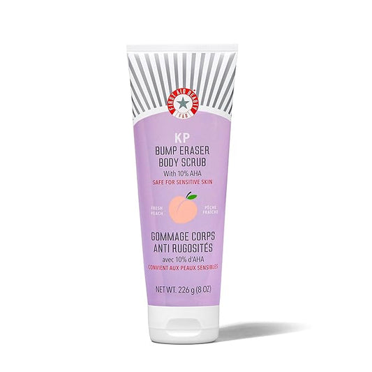 First Aid Beauty - KP Bump Eraser Body Scrub with 10% AHA, Keratosis Pilaris Exfoliator with Glycolic and Lactic acids, Helps Reduce Chicken Skin Bumps, Safe for Sensitive Skin, NEW Peach Scent (8 oz)