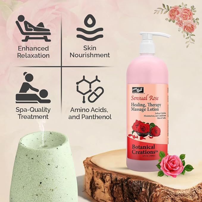 PRO NAIL - Healing Therapy Massage Lotion - Professional Pedicure, Body and Hot Oil Manicure, Infused with Natural Oils, Vitamins, Panthenol and Amino Acids (Sensual Rose, 32 Oz)