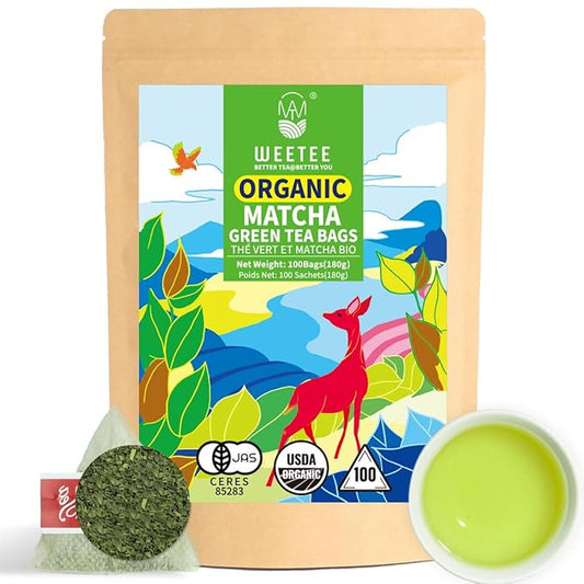 WT WEETEE Organic Matcha Green Tea Bags, Organic Japanese Matcha + Sencha Green Tea Blend 100 Pyramid Sachets, Easy & Quick to Brew for Cold or Hot