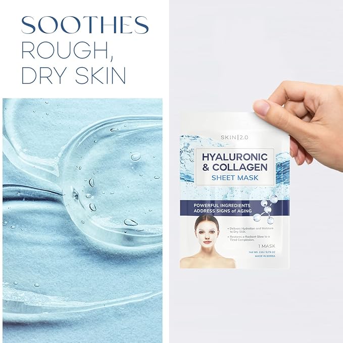 Hyaluronic Acid & Collagen Sheet Mask - Hydrating, Anti-Aging, Skin Firming - Dermatologist Tested Korean Skincare - Clean Beauty, Natural Ingredients, Cruelty-Free, All Skin Types - 5 Masks