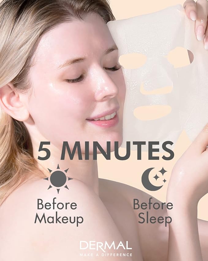 DERMAL 26 Combo Pack Collagen Essence Korean Face Mask (Green & Yellow) - Hydrating & Soothing Facial Mask with Panthenol - Hypoallergenic Sheet Mask for All Skin Types - Home Spa Treatment Mask