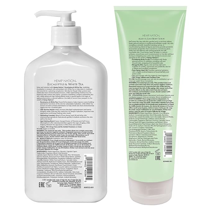 Australian Gold Hemp Nation Eucalyptus & White Tea Bundle - Tan Extender Body Lotion (18 FL Oz) and Exfoliating Agave & Lime Body Scrub (8 FL Oz), Skin Barrier Repair, Pure Hemp Seed Oil