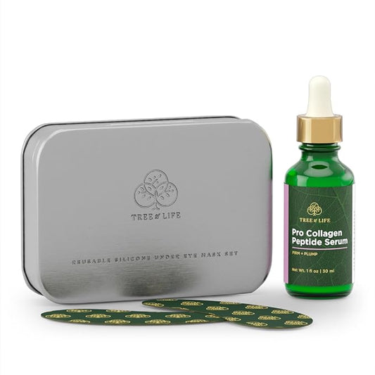 Tree of Life Beauty Hydrating Facial Serum Collagen Peptides with Argireline and Replexium - Anti Aging and Wrinkle Reduction (1oz) and Silicone Reusable Under Eye Patches for Puffy Eyes
