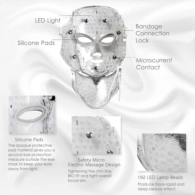 LED Face Mask - 7 Color LED Mask for Face and Neck Skin Care, FSA/HSA Eligible, Blue & Red LED Face Mask, Portable Facial Care Mask and Optical Cosmetic Mask for Home and Travel. A-021