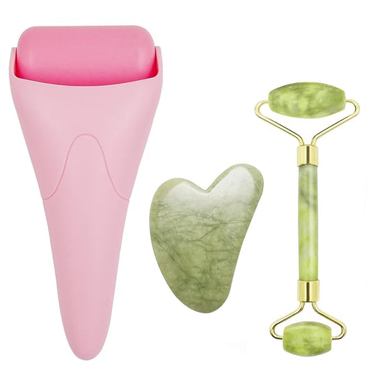 3 in 1 Ficial Face Ice Jade Roller and Gua Sha Tool, Natural Real Jade Anti-Wrinkle Face Eye Neck Massager Tool, Reduce Wrinkles, Puffiness, Migraine, Redness, Pain and Injury，Pink